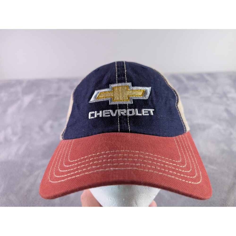 Chevrolet Trucker Hat Navy Red Tan Mesh Snapback Cap Fahrenheit 616 OSFM
